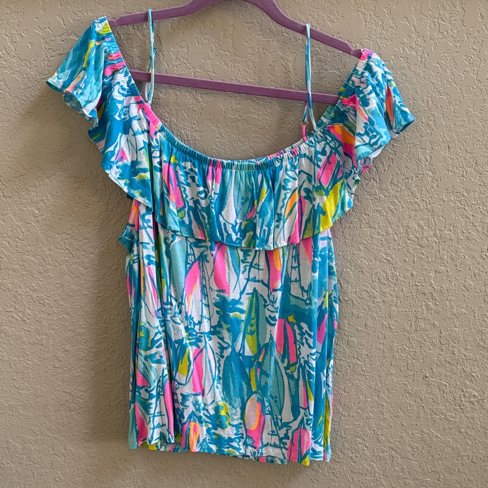 Lilly Pulitzer Aqua Multicolor Off-Shoulder Ruffle Camisole